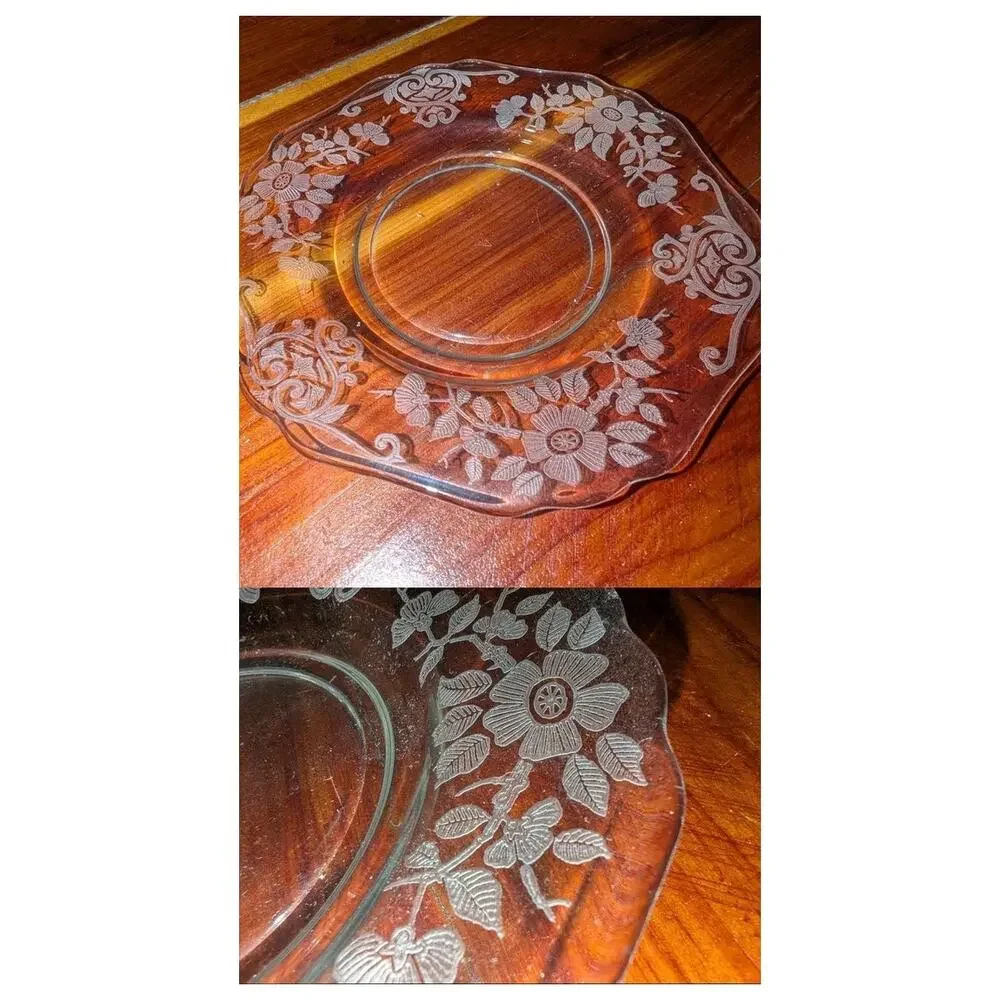Cambridge Glass Etched Plate UV Uranium Glow Scalloped Floral Depression Vintage